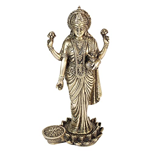 ARTVARKO Goddess Maa Laxmi Idol Lakshmi Brass Statue Luxmi Murt Standing on Lotus Height 10 Inches - Image 2