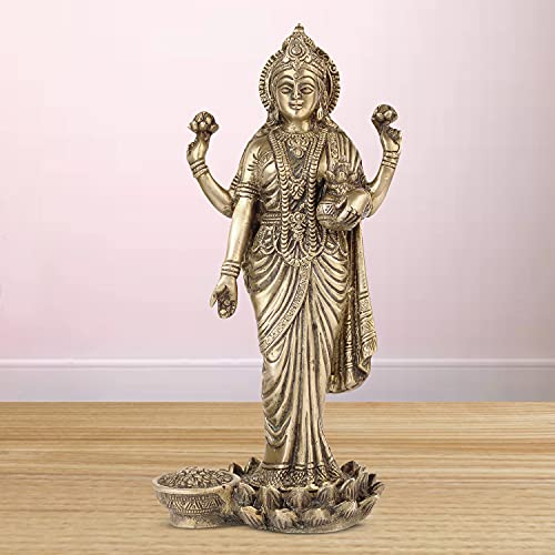 ARTVARKO Goddess Maa Laxmi Idol Lakshmi Brass Statue Luxmi Murt Standing on Lotus Height 10 Inches - Image 1