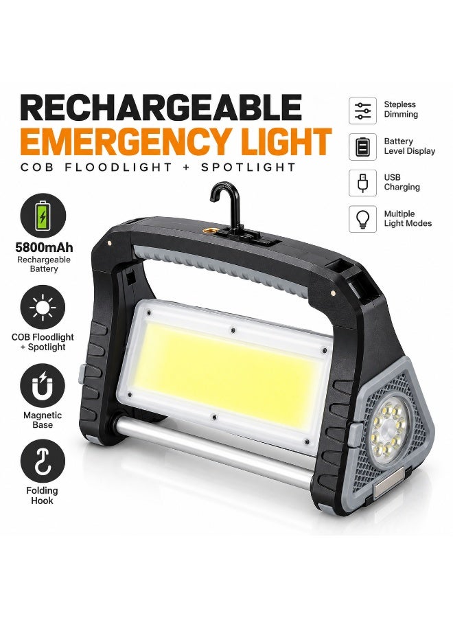 كشاف طوارئ LED قابل لإعادة الشحن 5800mAh بإضاءة COB وSpotlight وبطارية 18650 وشحن USB ومغناطيس - Image 1