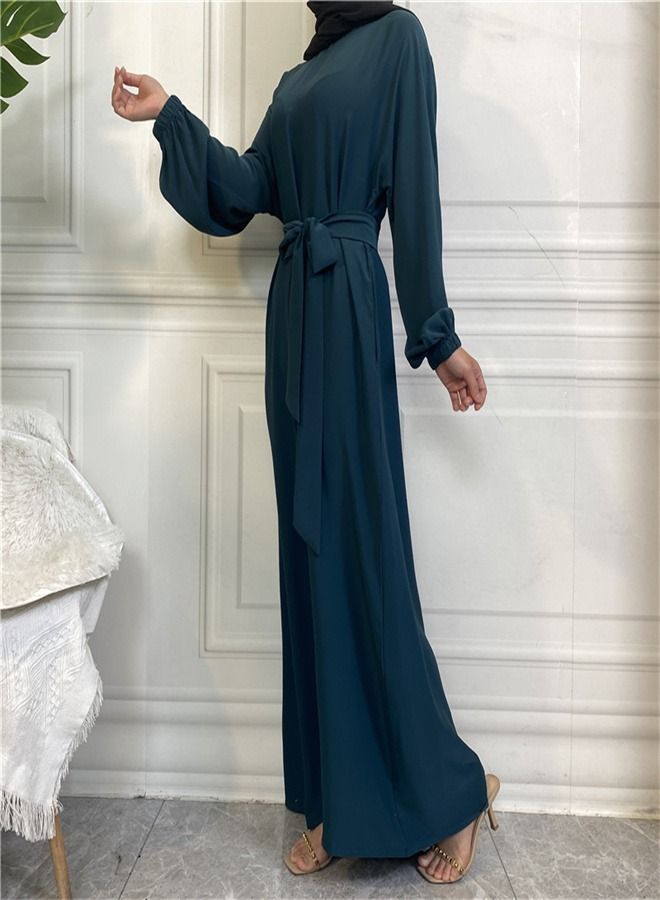 Loquat Casual Elegant Lace-Up Dress Abaya Blackish Green  - Image 2