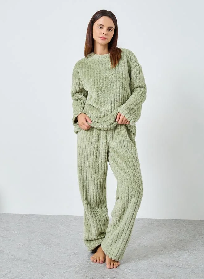 Styli Chunky Rib Fleece Drop Shoulder Top and Pyjama Set