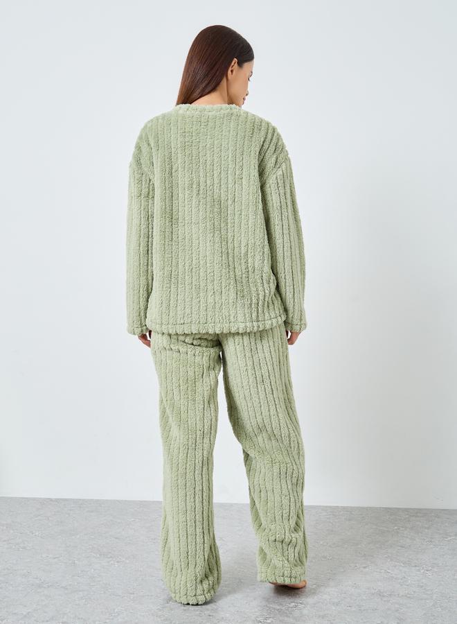 Styli Chunky Rib Fleece Drop Shoulder Top and Pyjama Set - Image 4