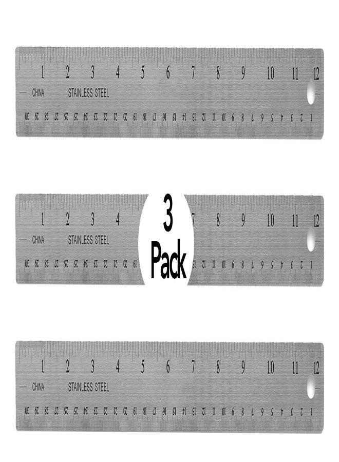 Manaloom Stainless Steel Rulers, Nonslip Skidbase Metal Ruler, 12" Length - Easy to Read Inch & cm & mm - Perfect for School, Office, Architect, Engineers, Craft - 3 Pack - Image 1