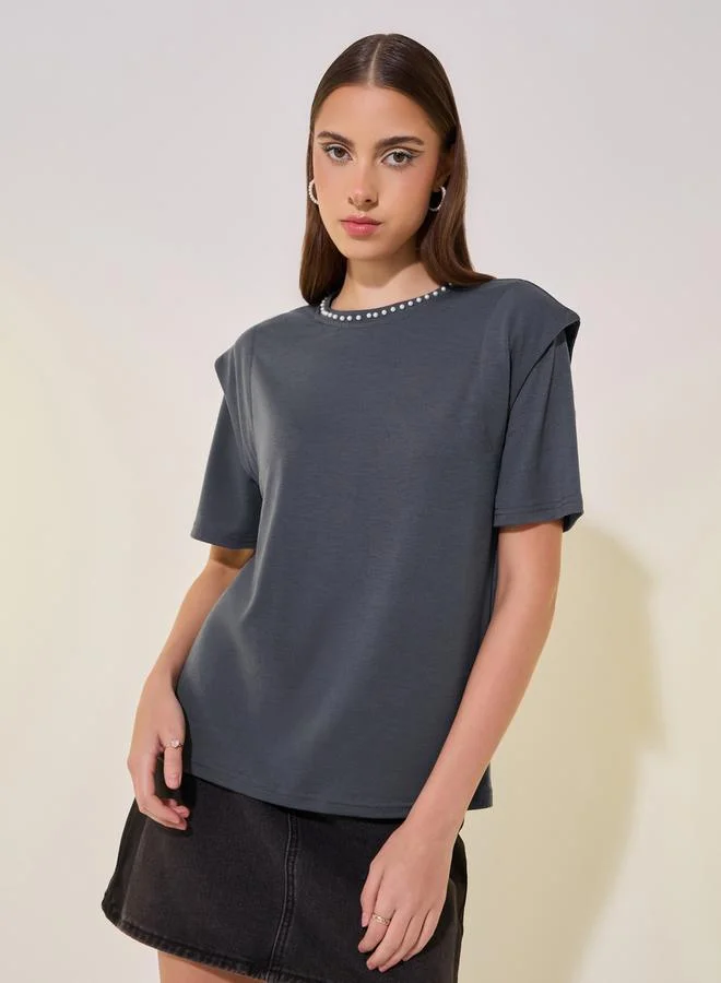 Take Two Faux Pearl Embellished Round-Neck T-Shirt