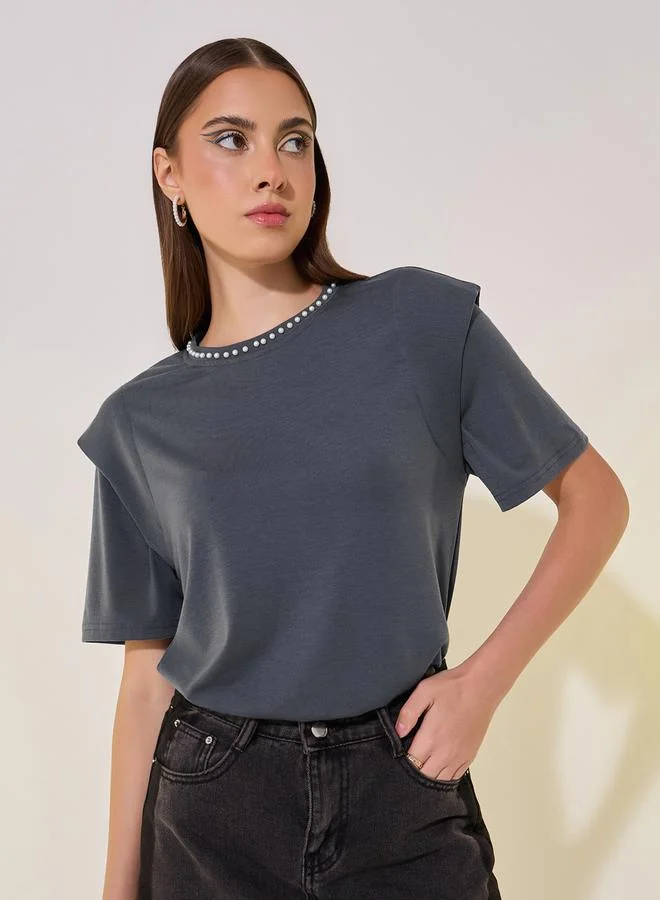 Take Two Faux Pearl Embellished Round-Neck T-Shirt