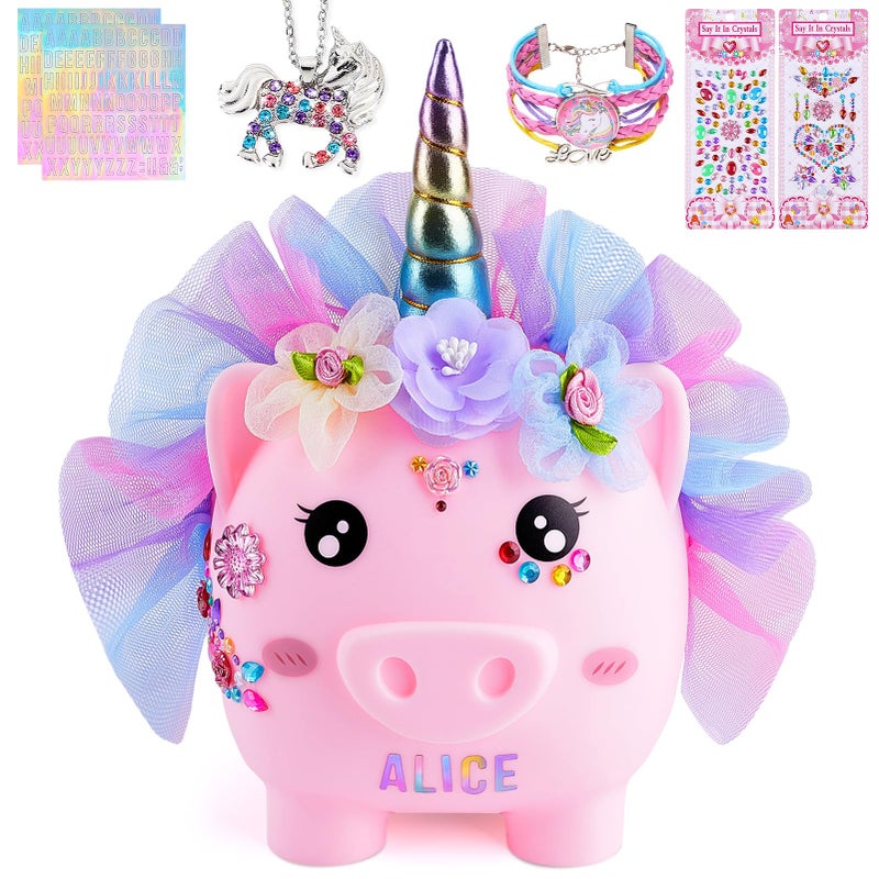 Piggy Bank for Girls Large Unicorn Piggy Banks with Necklace Bracelet DIY Stickers Cute Coin Piggybank Unbreakable for Toddler Kids Christmas Birthday Gifts Pink with Blue Purple Dress M