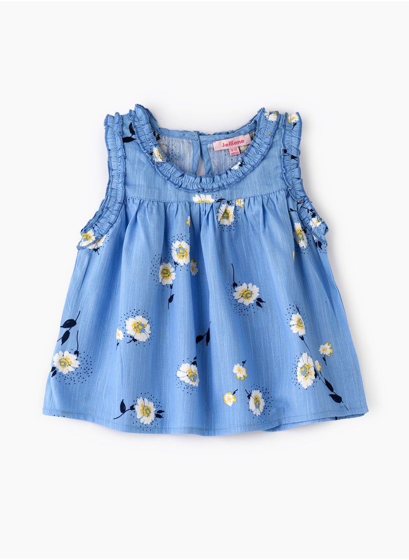 Jelliene Girls' Blue Floral Sleeveless Ruffled Top  - Image 1