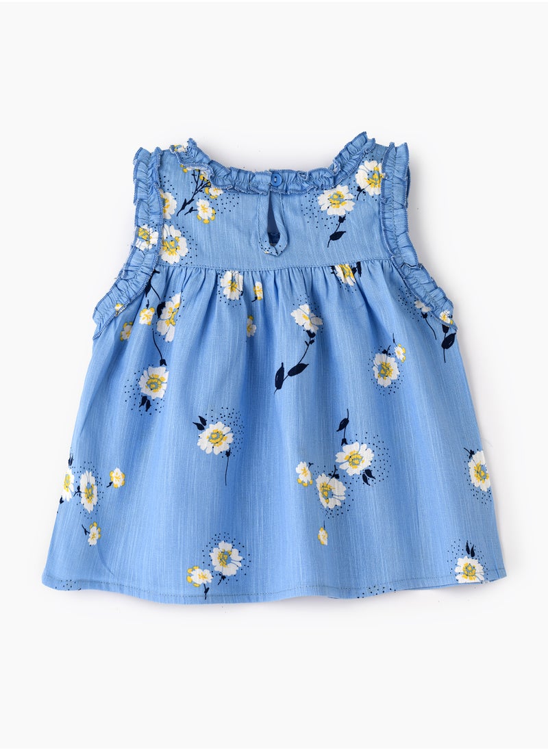 Jelliene Girls' Blue Floral Sleeveless Ruffled Top  - Image 2