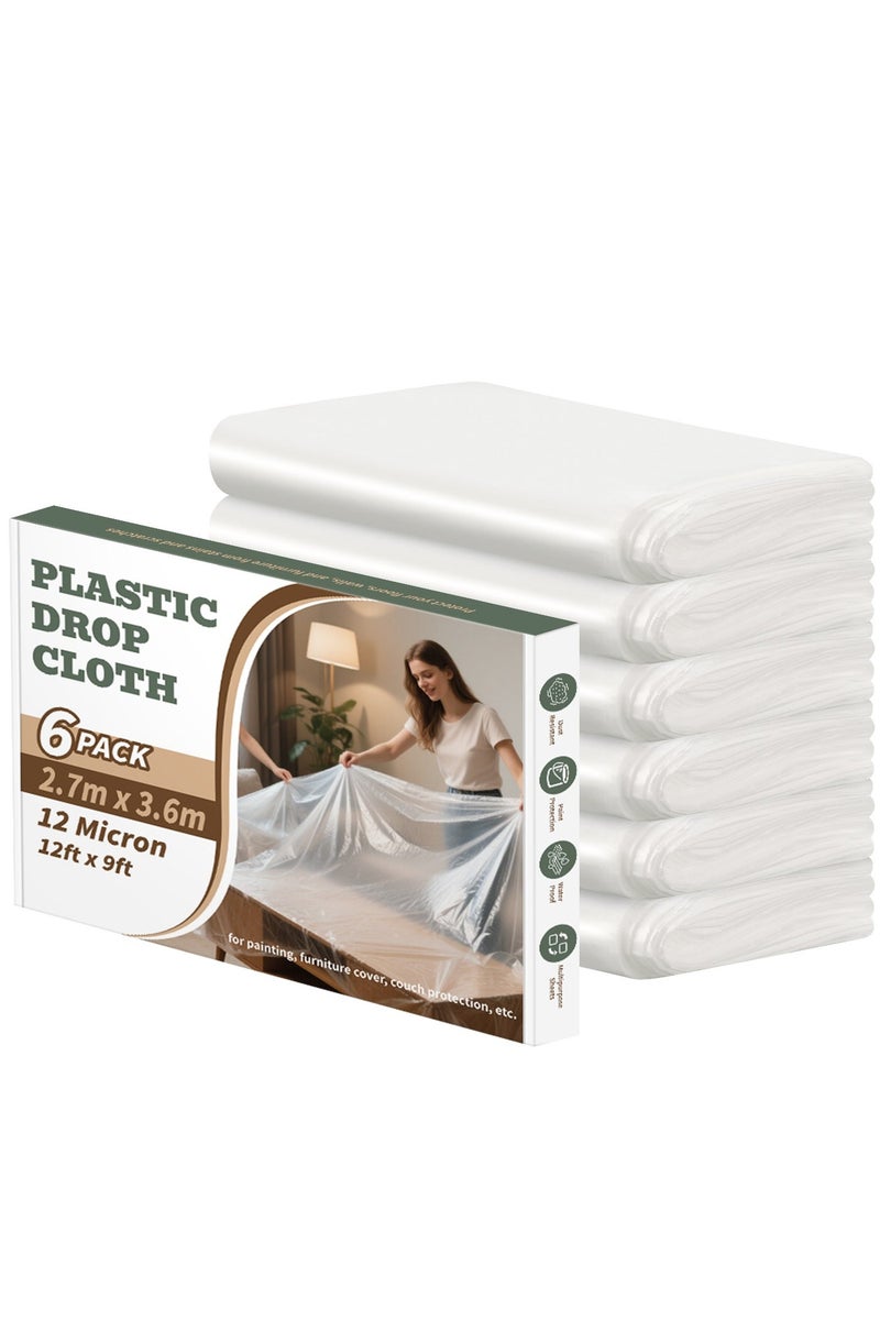 6 Pack 366 x 274 CM Extra Large Painters Plastic Drop Cloth Painting Sheet, Waterproof Dust-Proof Protective Masking Film, Paint Drop Cloth, Clear Plastic Sheet, Plastic Sheet Dust Cover for Furniture - Image 1