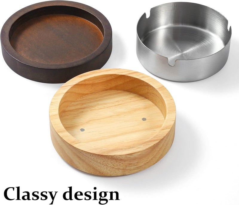 DDAJJAJ Cute Ashtrays for Cigarettes Smokeless Ash Tray with Stainless Steel Liner Windproof Wooden Ashtray with Lid for Home Office Tabletop Outside Patio - Image 3