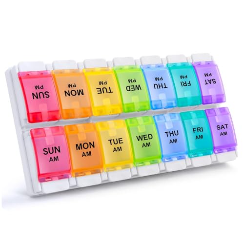 Sukuos AM PM Weekly Pill Organizer 2 Times A Day, Large Daily Pill Box Case 7 Day with Easy Push Button Design, Detachable Medicine Holder for Vitamin/Fish Oil/Supplements (Rainbow) - Image 1