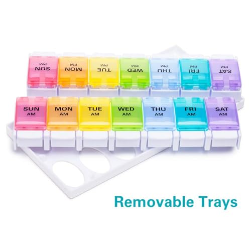 Sukuos AM PM Weekly Pill Organizer 2 Times A Day, Large Daily Pill Box Case 7 Day with Easy Push Button Design, Detachable Medicine Holder for Vitamin/Fish Oil/Supplements (Rainbow) - Image 5