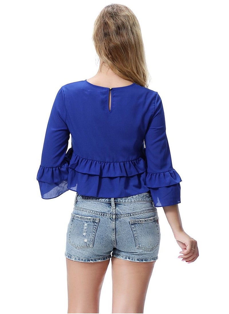 إسكدنيا - Women's Solid Color Round Neck Top Loose Ruffled Blouse Dark Blue - Image 1