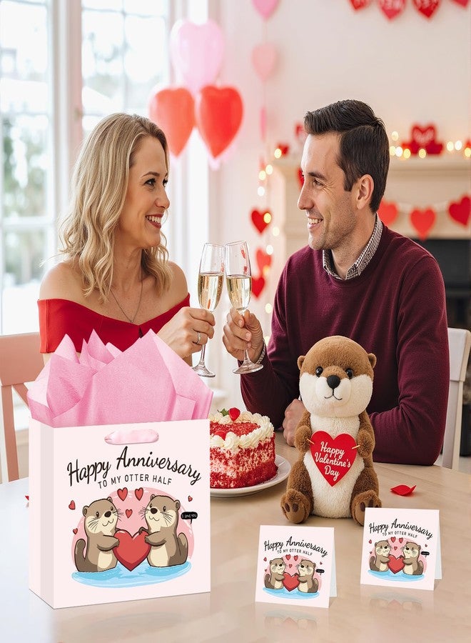 LUUFILx Anniversary Party Gift Bag Pink Wedding Gift Wrap Bag with Happy Anniversary Card and Wrapping Paper Cute Otter Couple Paper Bag for Him Her Women Men Valentine Anniversary Party Decorations Supplies - Image 2
