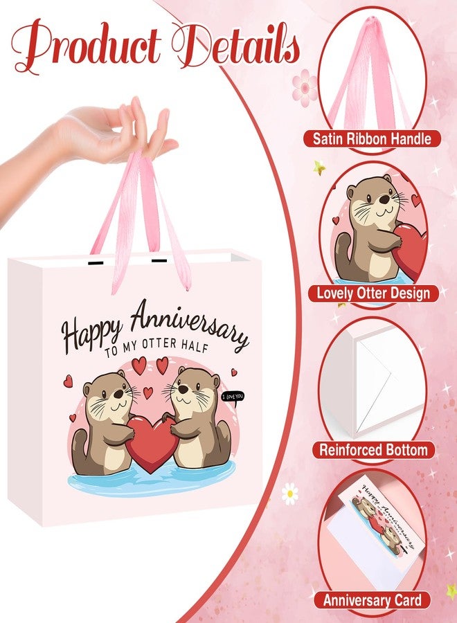 LUUFILx Anniversary Party Gift Bag Pink Wedding Gift Wrap Bag with Happy Anniversary Card and Wrapping Paper Cute Otter Couple Paper Bag for Him Her Women Men Valentine Anniversary Party Decorations Supplies - Image 4