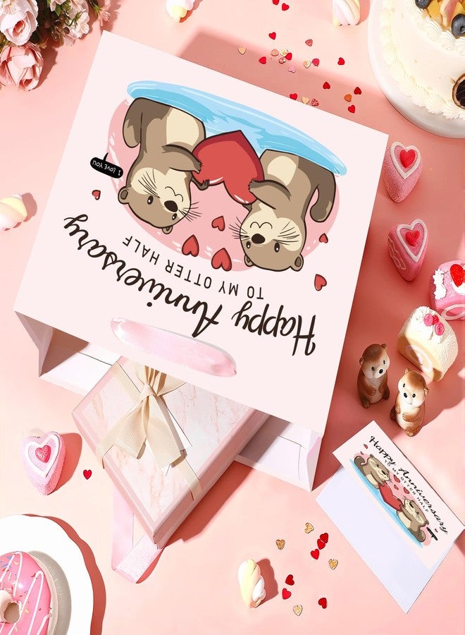 LUUFILx Anniversary Party Gift Bag Pink Wedding Gift Wrap Bag with Happy Anniversary Card and Wrapping Paper Cute Otter Couple Paper Bag for Him Her Women Men Valentine Anniversary Party Decorations Supplies - Image 5