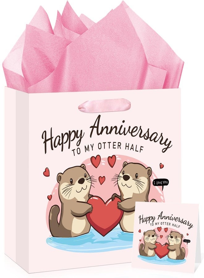 LUUFILx Anniversary Party Gift Bag Pink Wedding Gift Wrap Bag with Happy Anniversary Card and Wrapping Paper Cute Otter Couple Paper Bag for Him Her Women Men Valentine Anniversary Party Decorations Supplies - Image 1