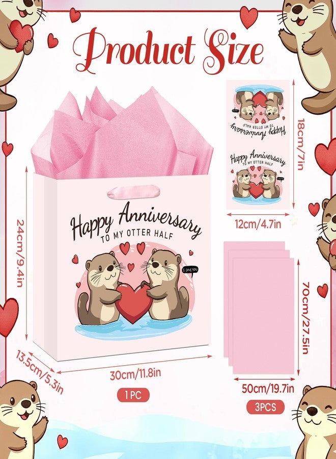 LUUFILx Anniversary Party Gift Bag Pink Wedding Gift Wrap Bag with Happy Anniversary Card and Wrapping Paper Cute Otter Couple Paper Bag for Him Her Women Men Valentine Anniversary Party Decorations Supplies - Image 3