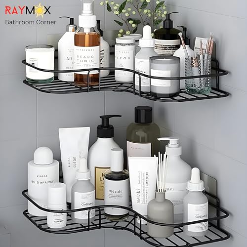 RAYMOX Pack of 2 Wall Mounted Self-Adhesive Bathroom Corner Shelf/Kitchen Rack & Holder - Bathroom Accessories (Material-GI Metal, Powder Coated Finish, Black, L Shape) - Image 3