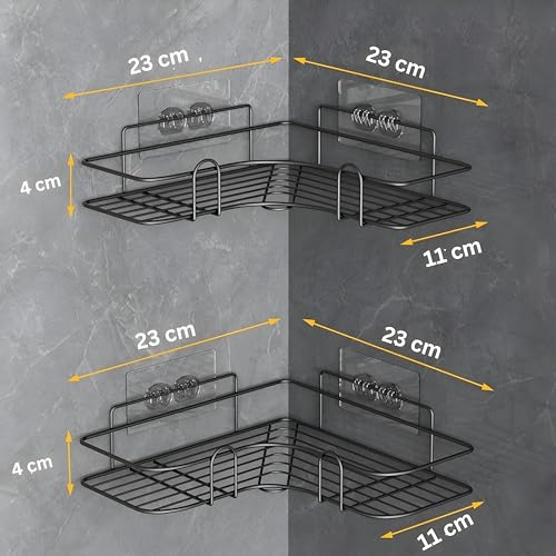 RAYMOX Pack of 2 Wall Mounted Self-Adhesive Bathroom Corner Shelf/Kitchen Rack & Holder - Bathroom Accessories (Material-GI Metal, Powder Coated Finish, Black, L Shape) - Image 2