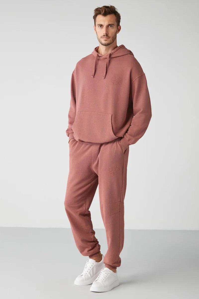 GRIMELANGE Felıx Men's Regular Fit Faded Effect Embroidered Leg Flexible Fabric Claret Red Sweatpants