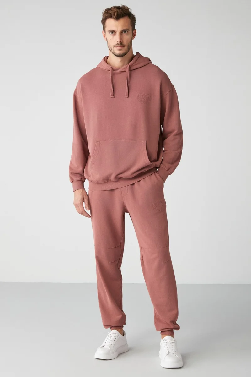 GRIMELANGE Felıx Men's Regular Fit Faded Effect Embroidered Leg Flexible Fabric Claret Red Sweatpants