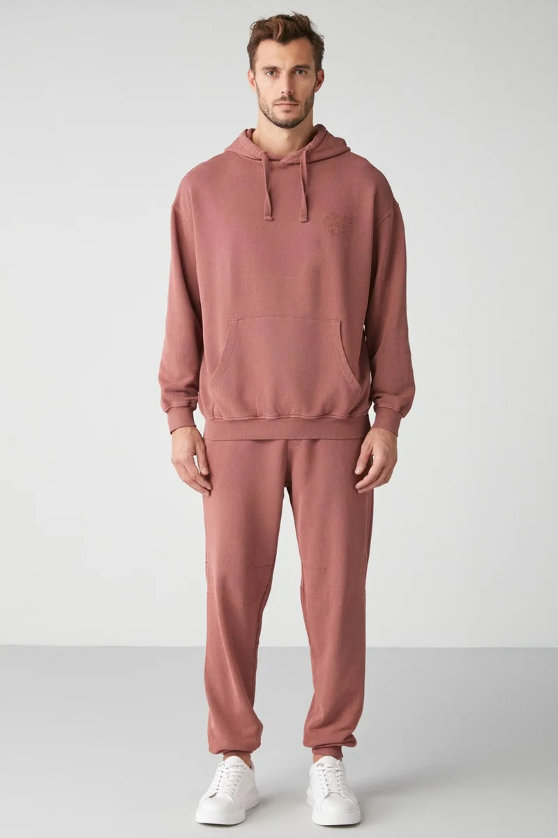 GRIMELANGE Felıx Men's Regular Fit Faded Effect Embroidered Leg Flexible Fabric Claret Red Sweatpants