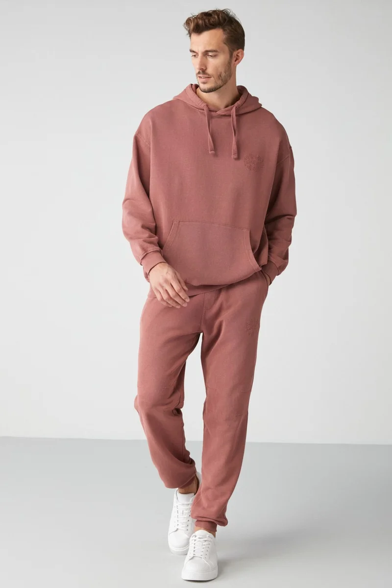 GRIMELANGE Felıx Men's Regular Fit Faded Effect Embroidered Leg Flexible Fabric Claret Red Sweatpants