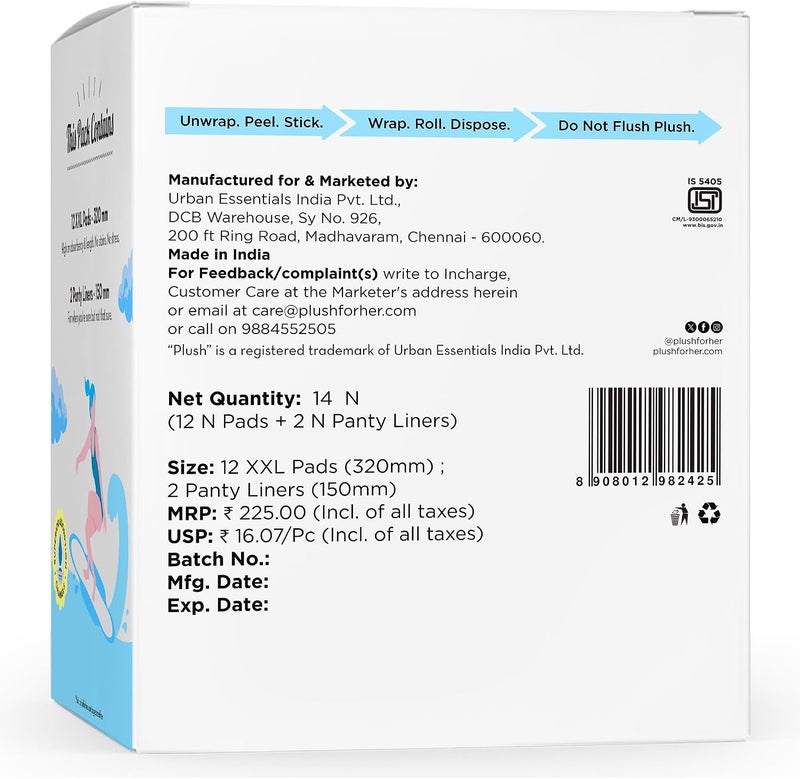 Plush Ultra-Thin Sanitary Pads For Women, 12 XL Natural Cotton Sanitary Napkins | Super Absorbent 12 Medium Flow XL + 2 Panty Liners For Rash Free Periods | Pure U.S. Cotton Pads With Disposable Pouch - Image 5