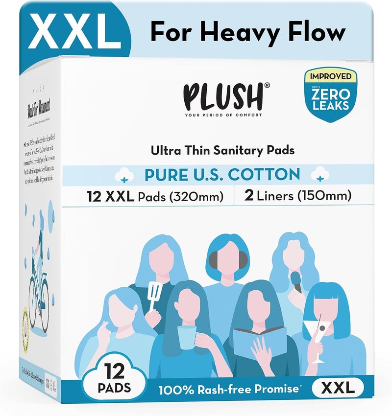 Plush Ultra-Thin Sanitary Pads For Women, 12 XL Natural Cotton Sanitary Napkins | Super Absorbent 12 Medium Flow XL + 2 Panty Liners For Rash Free Periods | Pure U.S. Cotton Pads With Disposable Pouch - Image 1