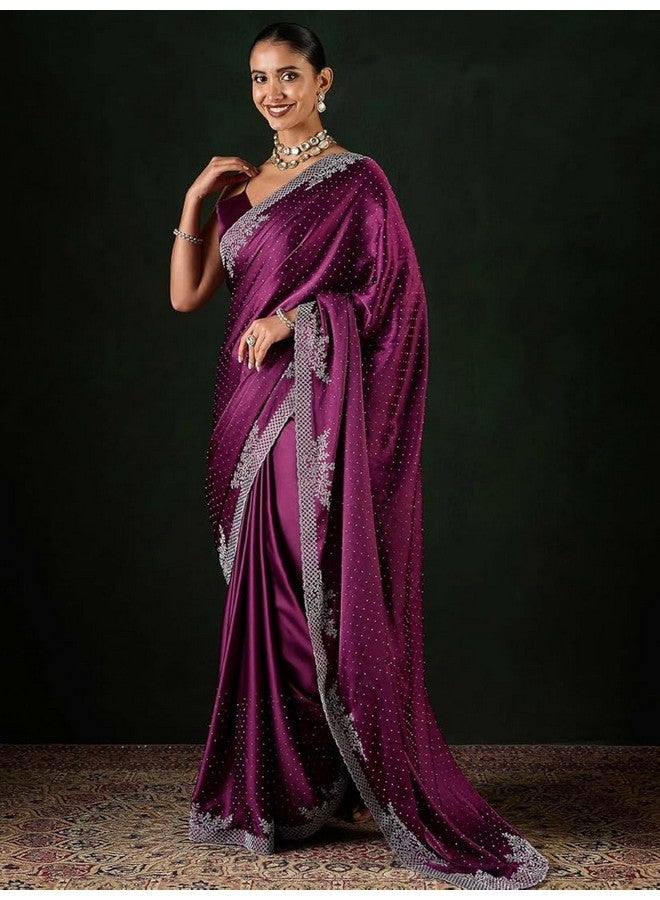 City Girl Fashion Women's Multicolor Satin Silk Stone Work Saree With Unstitched Blouse (Magenta) - Image 3