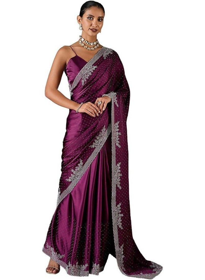 City Girl Fashion Women's Multicolor Satin Silk Stone Work Saree With Unstitched Blouse (Magenta) - Image 1