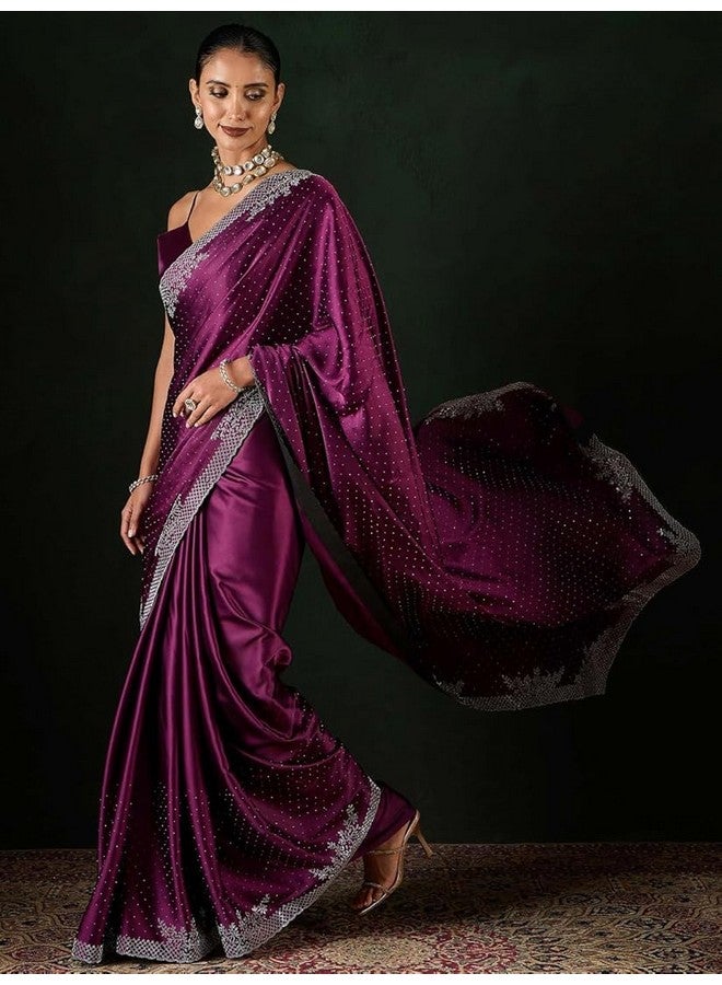 City Girl Fashion Women's Multicolor Satin Silk Stone Work Saree With Unstitched Blouse (Magenta) - Image 5