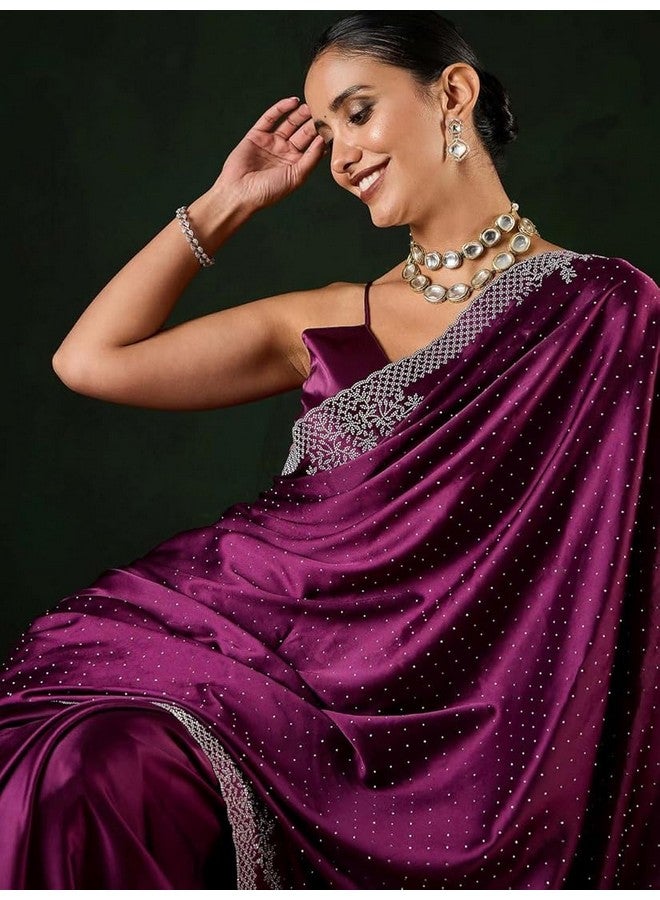 City Girl Fashion Women's Multicolor Satin Silk Stone Work Saree With Unstitched Blouse (Magenta) - Image 4