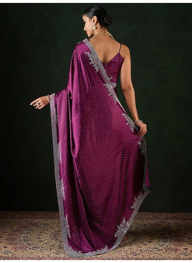 City Girl Fashion Women's Multicolor Satin Silk Stone Work Saree With Unstitched Blouse (Magenta) - Image 2