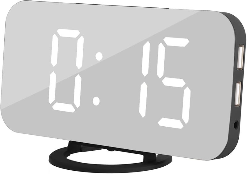 Bahels Mirror Clock, Multi?functional Digital Alarm Clock Dual USB Interface Plastic Auto Lightness Adjustment for Home Office Bedroom - Image 1