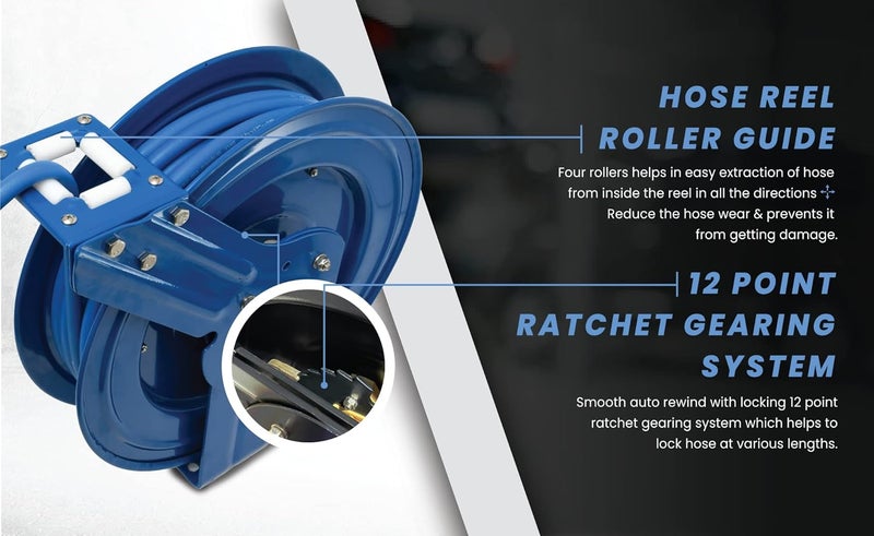 BluBird BLUBIRD BBRHD3850 18ga Retractable Hose Reel with 38 X 50 Air Hose 12 Point Ratcheting Gear NextGen Rubber Lightest Strongest Most Flexible 300 PSI 50F to 190F Degrees Polyester Braided  - Image 4