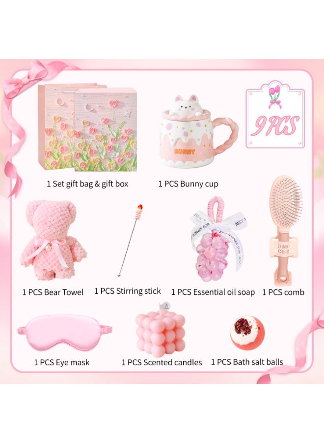 Aromancy Pink Self Care Gift Set for Women 9PCS Spa Gift Basket with Bunny Mug Scented Candle Bath Bomb Eye Mask Soap Cute Gift Box Relaxing Birthday Gift for Girls Friends Sister - Image 2