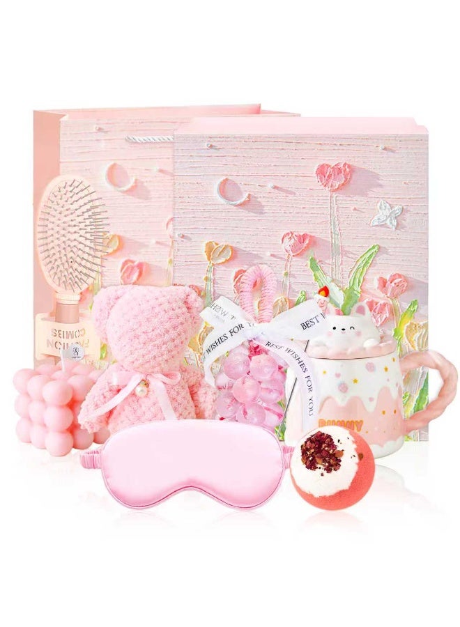 Aromancy Pink Self Care Gift Set for Women 9PCS Spa Gift Basket with Bunny Mug Scented Candle Bath Bomb Eye Mask Soap Cute Gift Box Relaxing Birthday Gift for Girls Friends Sister - Image 1