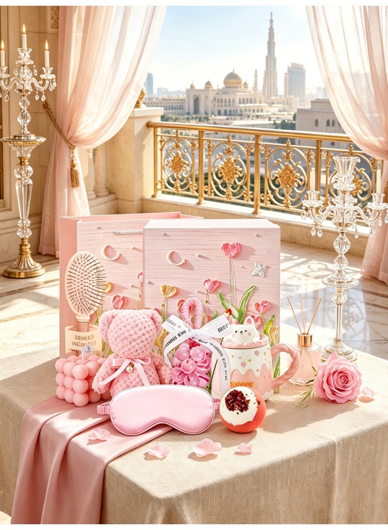 Aromancy Pink Self Care Gift Set for Women 9PCS Spa Gift Basket with Bunny Mug Scented Candle Bath Bomb Eye Mask Soap Cute Gift Box Relaxing Birthday Gift for Girls Friends Sister - Image 4