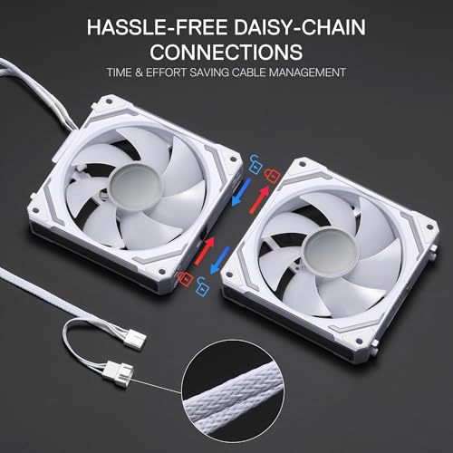 Redragon GCF012 Standard 120mm PC Case Fan, Daisy-Chain Connection, 5V 3Pin ARGB Lighting, 4 Pin PWM Case Fan, for Radiator/Computer Case Cooling, 120x120x25mm, 3 Pack, White - Image 3