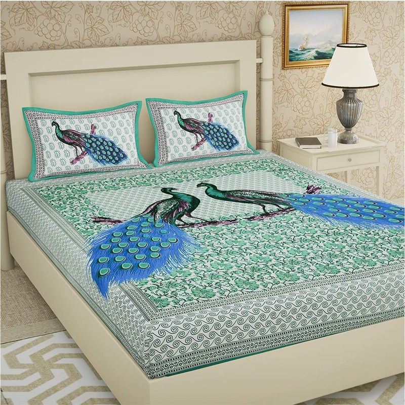 Poorak Peacock Collection Bed Sheets for Double Bed Cotton King Size with 2 Pillow Covers Size of Bed Sheet 765 ft x 69 ft Blue - Image 1