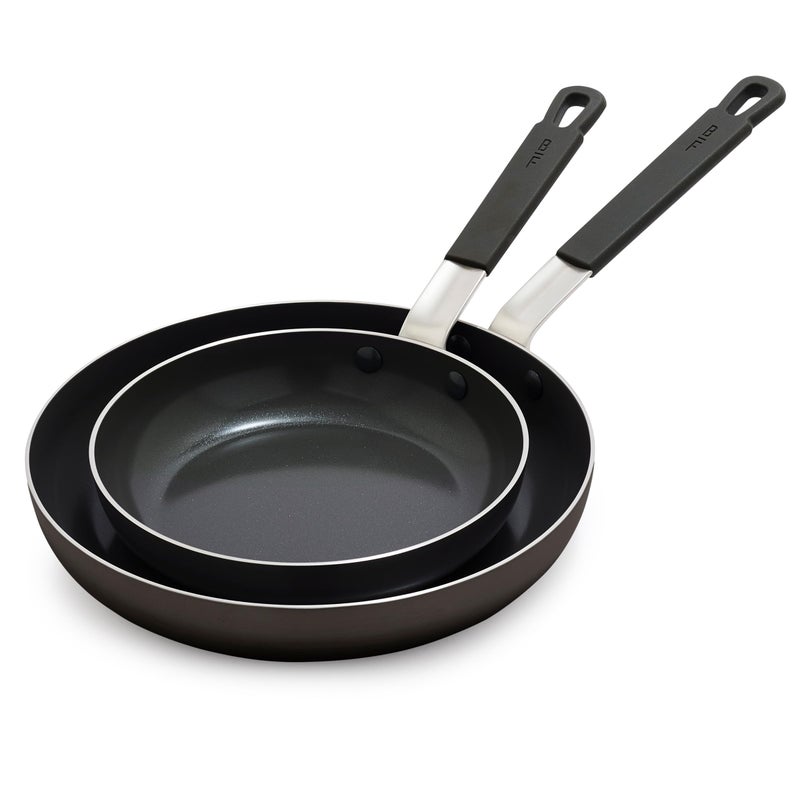 GreenPan x Bobby Flay 2 Piece 8 and 10 Nonstick Frying Pan Skillet Set PFASFree Diamond Ceramic Induction Suitable StayCool Silicone Handle Easy Clean Dishwasher  Oven Safe Black