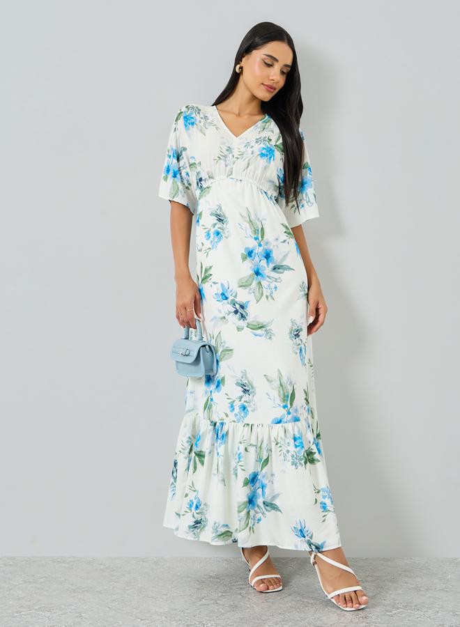 Floral Print Short Sleeve A-Line Maxi Dress