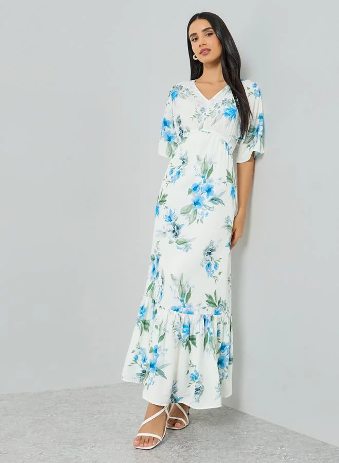 Styli  Floral Print Short Sleeve A-Line Maxi Dress for Women | Best Price UAE