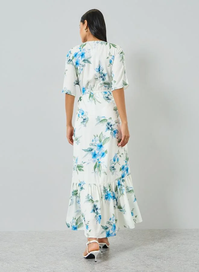 Styli  Floral Print Short Sleeve A-Line Maxi Dress for Women | Best Price UAE