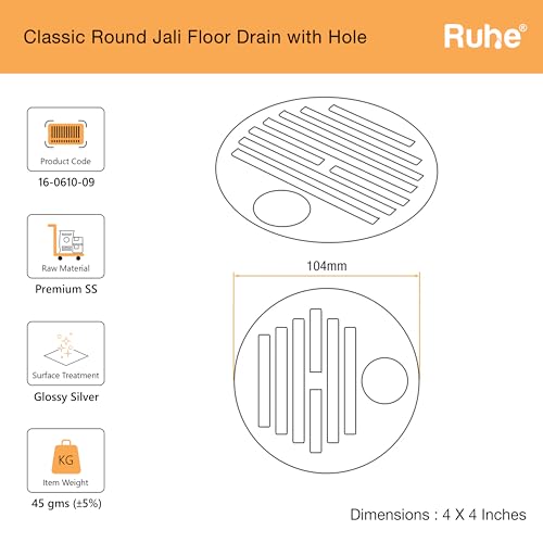 Ruhe® Floor Drainer | Premium Grade Stainless Steel Classic Round Jali Floor Drainer/Jali Set of 2 (with Hole) (4 Inches) - Image 2