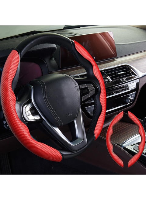 Banseko Carbon Fiber Pattern Steering Wheel Cover, Anti-Slip Segmented Steering Wheel Protector, Universal Car Accessory for Most Models, Red