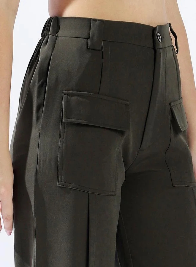 HIGH STAR Women's Olive 100% Polyester Solid Pattern Full Length Chinos Wide Leg Trouser