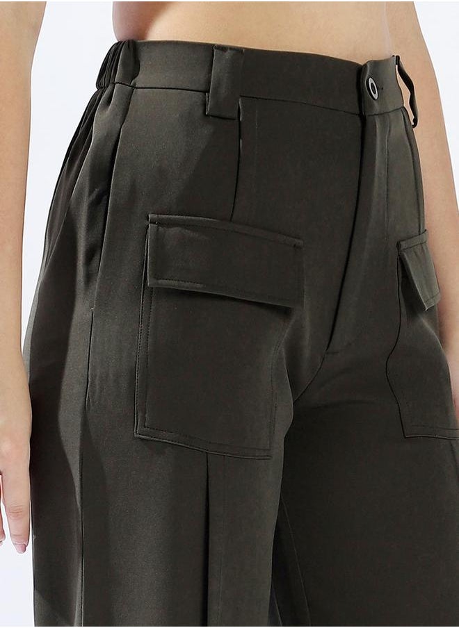 HIGH STAR Women's Olive 100% Polyester Solid Pattern Full Length Chinos Wide Leg Trouser  - Image 5